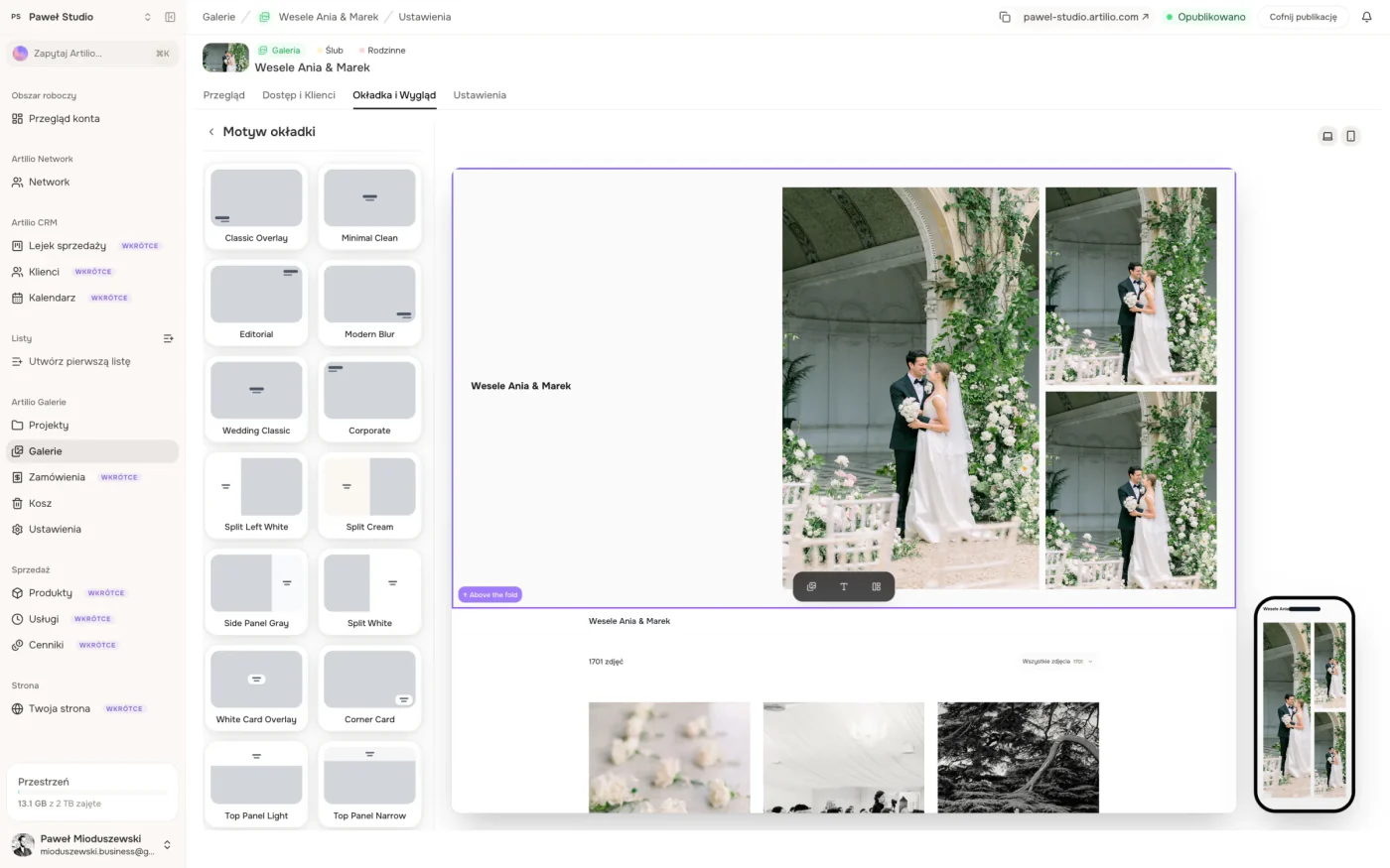 Artilio gallery appearance editor with theme choices and desktop and mobile previews