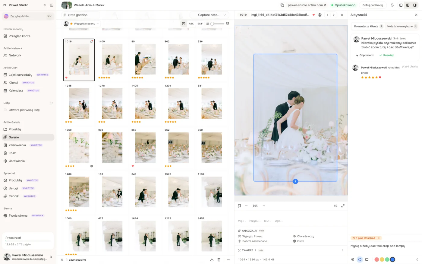 Artilio workspace with a wedding photo grid, ratings, a client comment, and feedback pinned to a frame